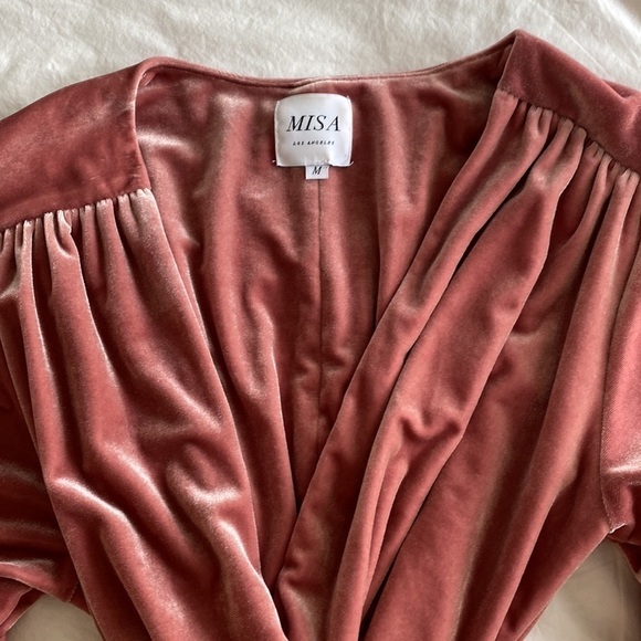 Misa- “Desma” Light Pink Velvet Ruffle Mini Dress with Braided Waist Tie - Picture 6 of 7